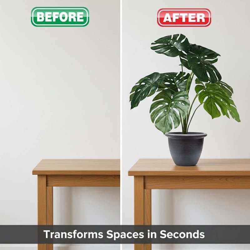 GoHooked artificial Monstera plant with 12 green leaves in a black nursery pot, perfect for home or office decor.