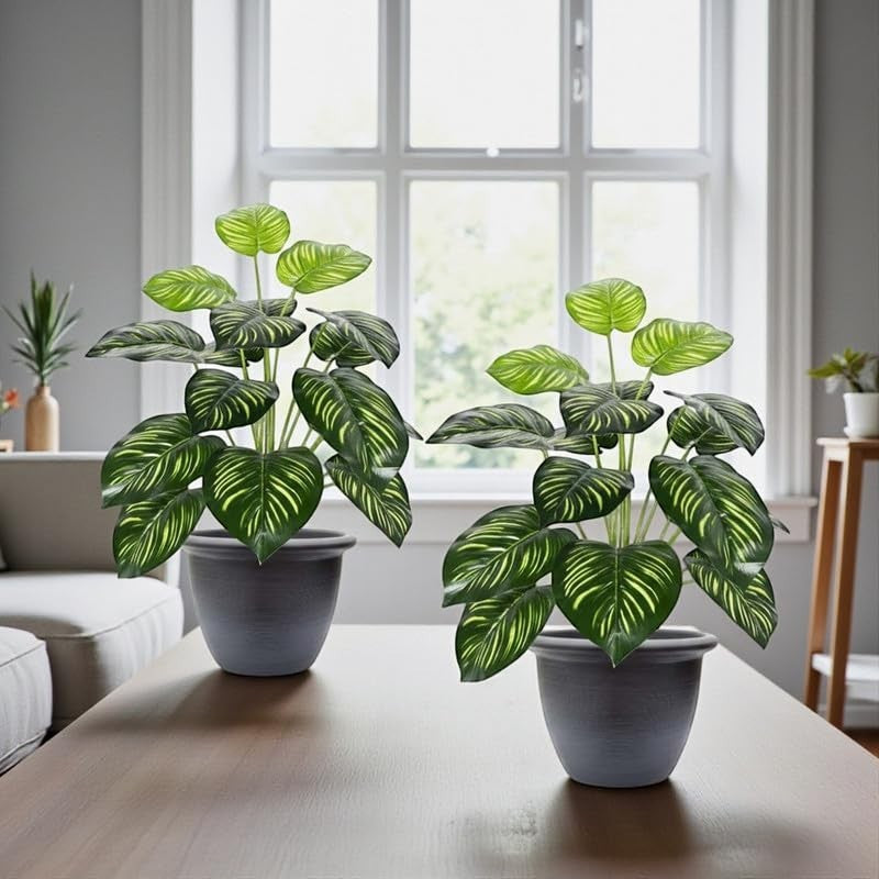 GoHooked two artificial monstera plants with 12 green patterned polyester leaves in grey pots, 58.40 CM tall.