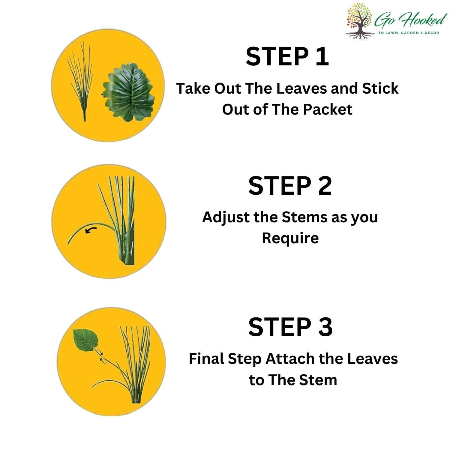 Go Hooked artificial Monstera Deliciosa plant assembly instructions with 18 green leaves. Polyester.