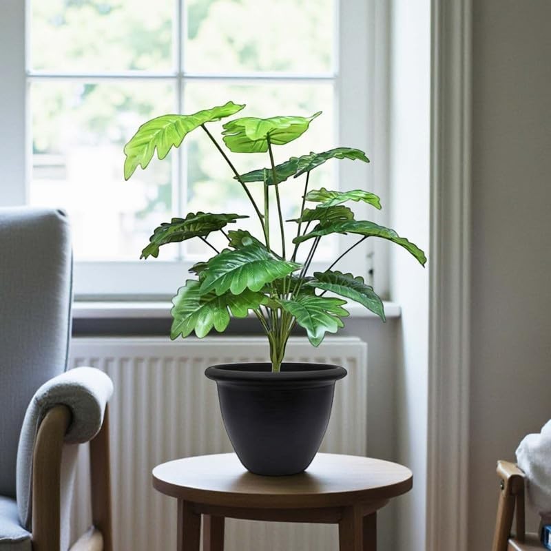 GoHooked artificial Monstera Deliciosa plant with 18 green patterned polyester leaves in a black pot.