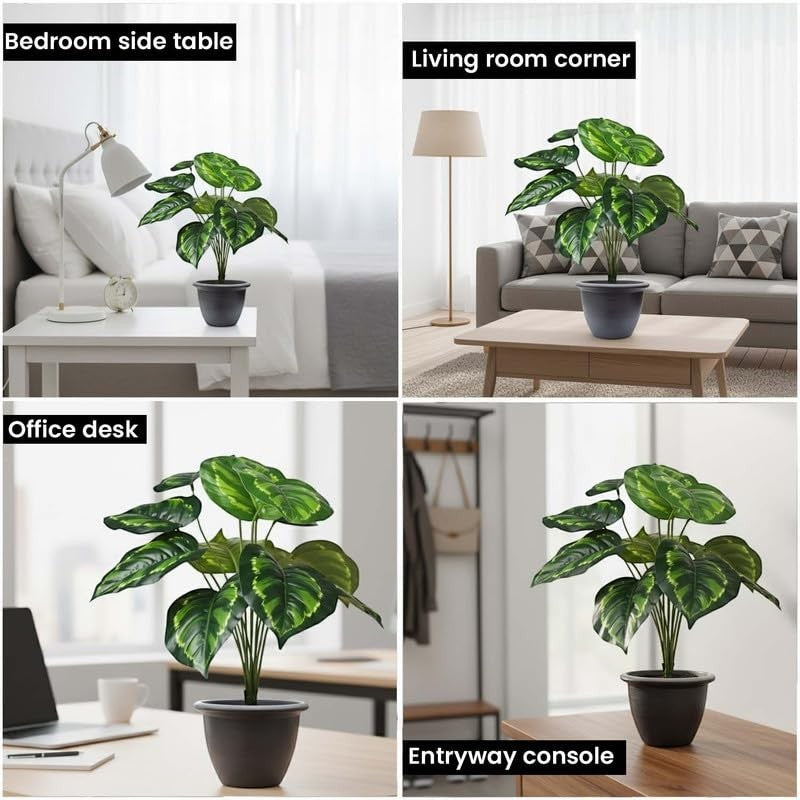 GoHooked artificial Monstera plant with 12 green patterned leaves in a black nursery pot. Realistic polyester decorative indoor plant.