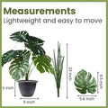 GoHooked artificial Monstera plant with 12 green leaves in a dark grey pot, showing dimensions.