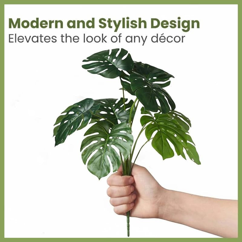 GoHooked pack of 2 artificial monstera plants with 12 green polyester leaves, realistic decorative indoor plant.