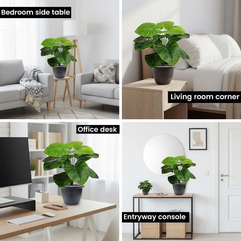 GoHooked artificial Monstera plant with 12 green polyester leaves in a black pot, shown in various home and office settings.