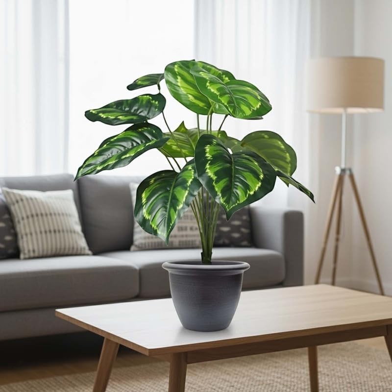 GoHooked artificial Philodendron plant with 12 green patterned leaves in a dark grey nursery pot.
