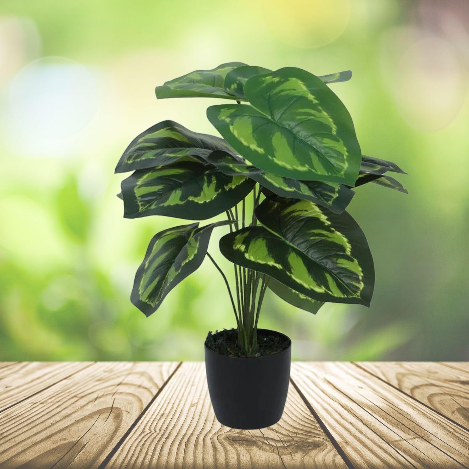 GoHooked artificial Philodendron plant with 12 green patterned polyester leaves in a black nursery pot.