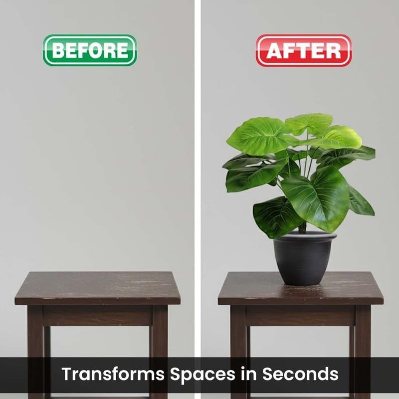GoHooked artificial philodendron plant with 12 green patterned leaves in a black nursery pot, ideal for home or office decor.