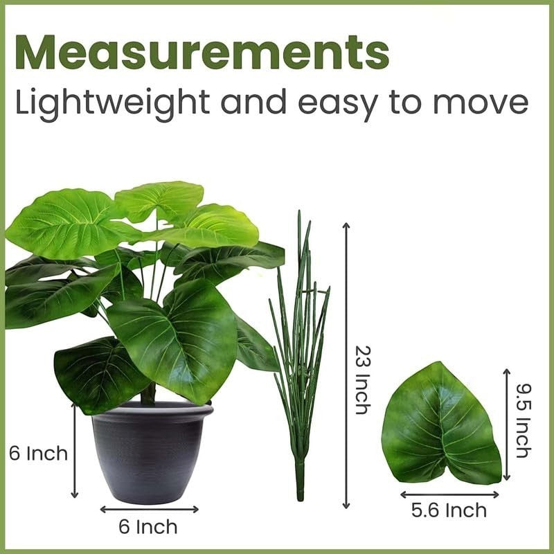 GoHooked artificial Philodendron plant with 12 green leaves in a black nursery pot. Includes measurements for plant height and leaf size.