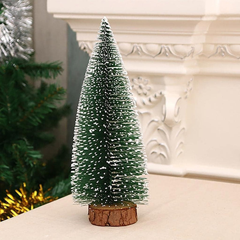 GoHooked 12-inch artificial green pine Christmas tree with white tips and wooden base, tabletop decor.