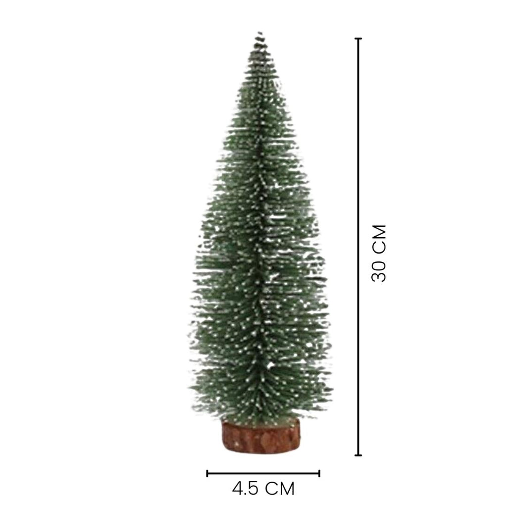 GoHooked 12-inch artificial pine Christmas tree with snow-tipped branches and wooden base. Tabletop decor.