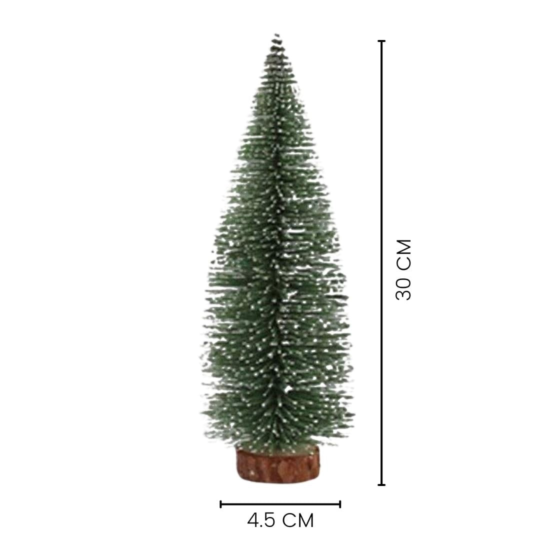 GoHooked 12-inch artificial pine Christmas tree with snow-tipped branches and wooden base. Tabletop decor.