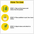 GoHooked artificial plant assembly instructions showing three steps to insert stems into a pot and attach leaves.