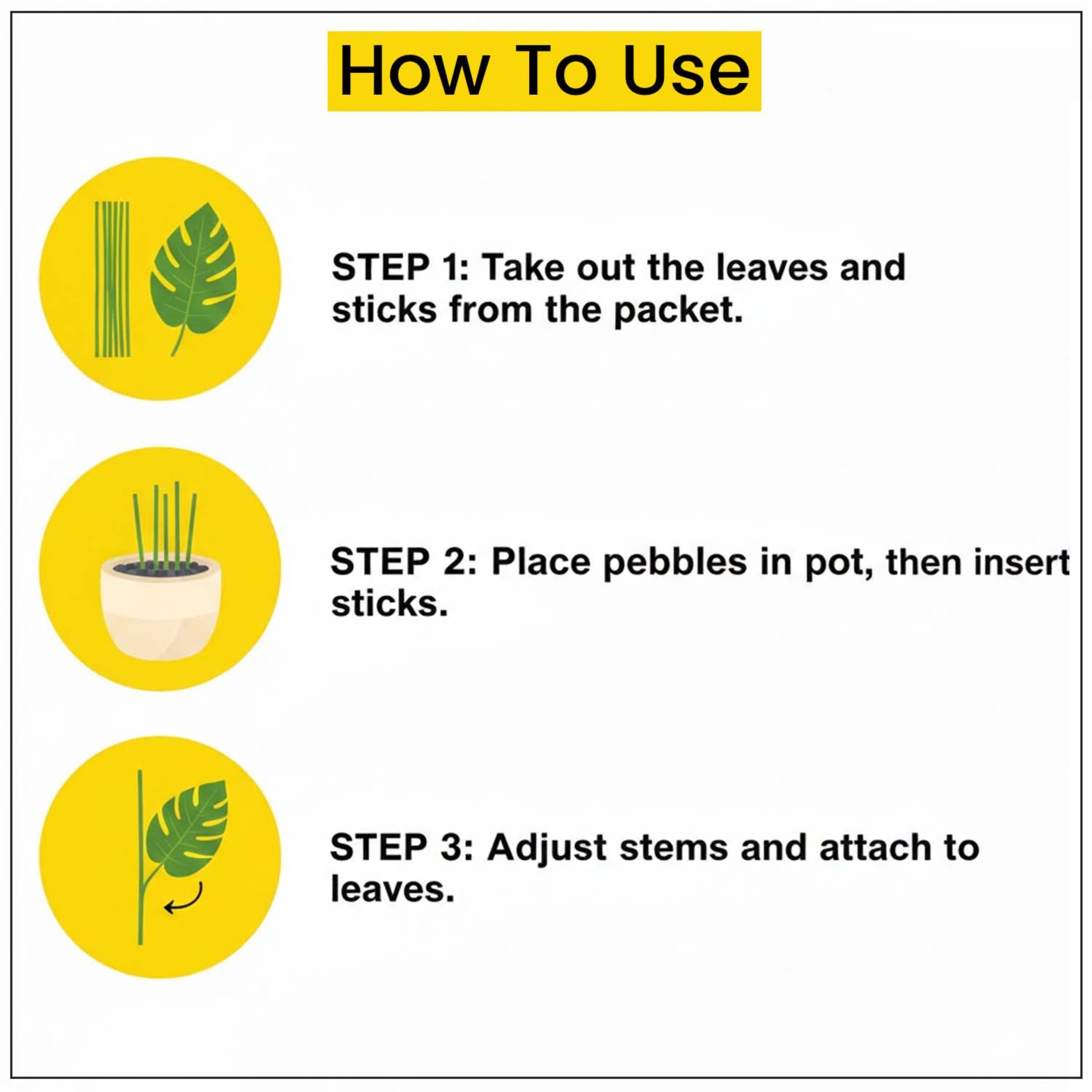 GoHooked artificial plant assembly instructions showing three steps to set up the potted greenery with pebbles and leaves.