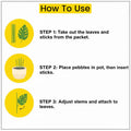 GoHooked instructional graphic showing three steps to assemble an artificial Alocasia plant with pot and pebbles