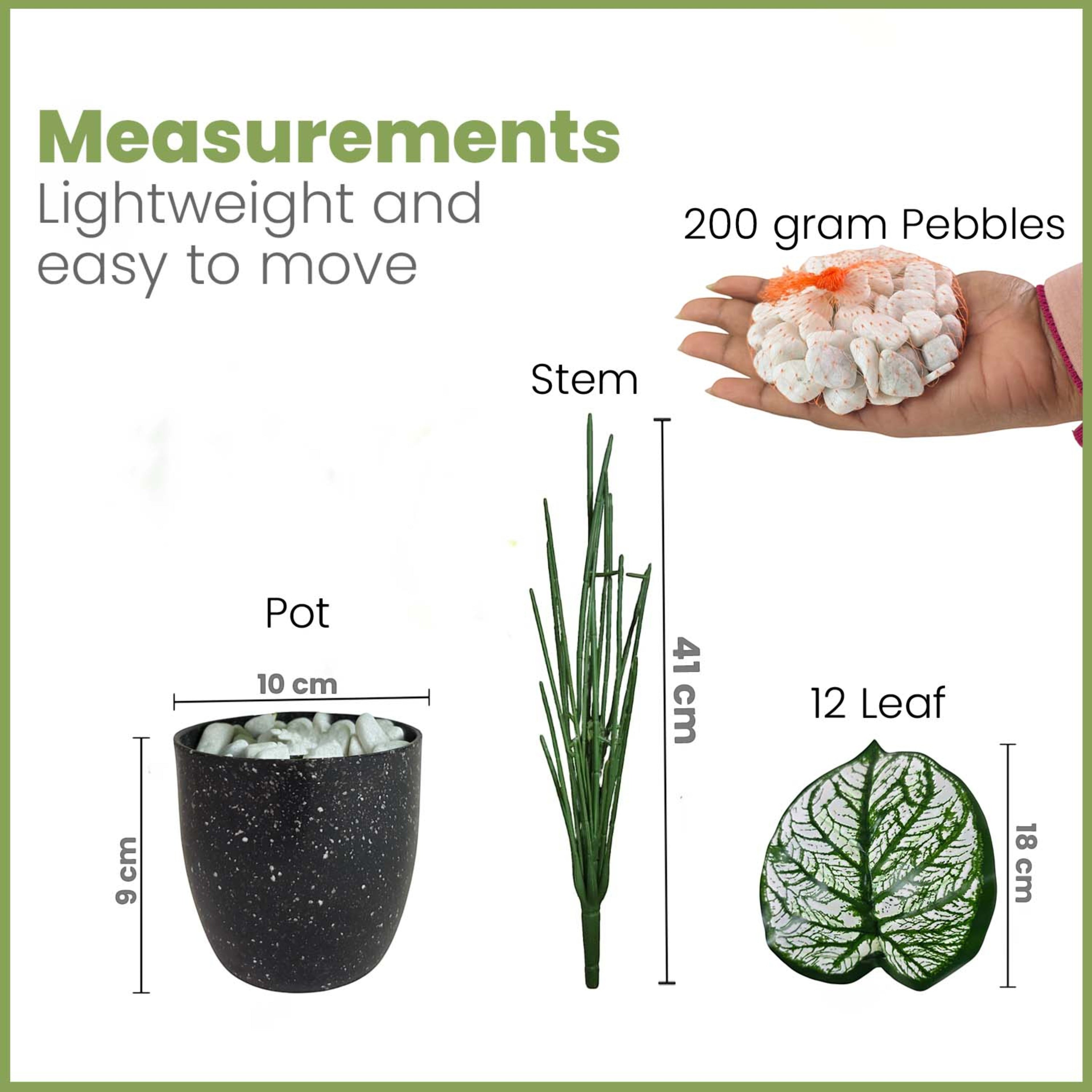 GoHooked artificial plant components including a black pot, green stem, patterned leaf, and decorative white pebbles.
