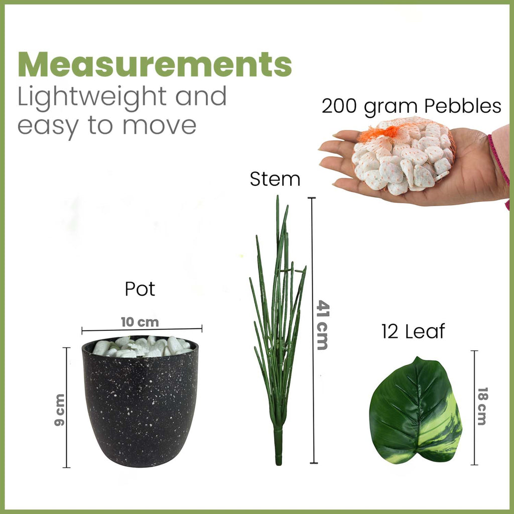 GoHooked artificial plant components including a black speckled pot, green stem, 12 leaves, and decorative pebbles.