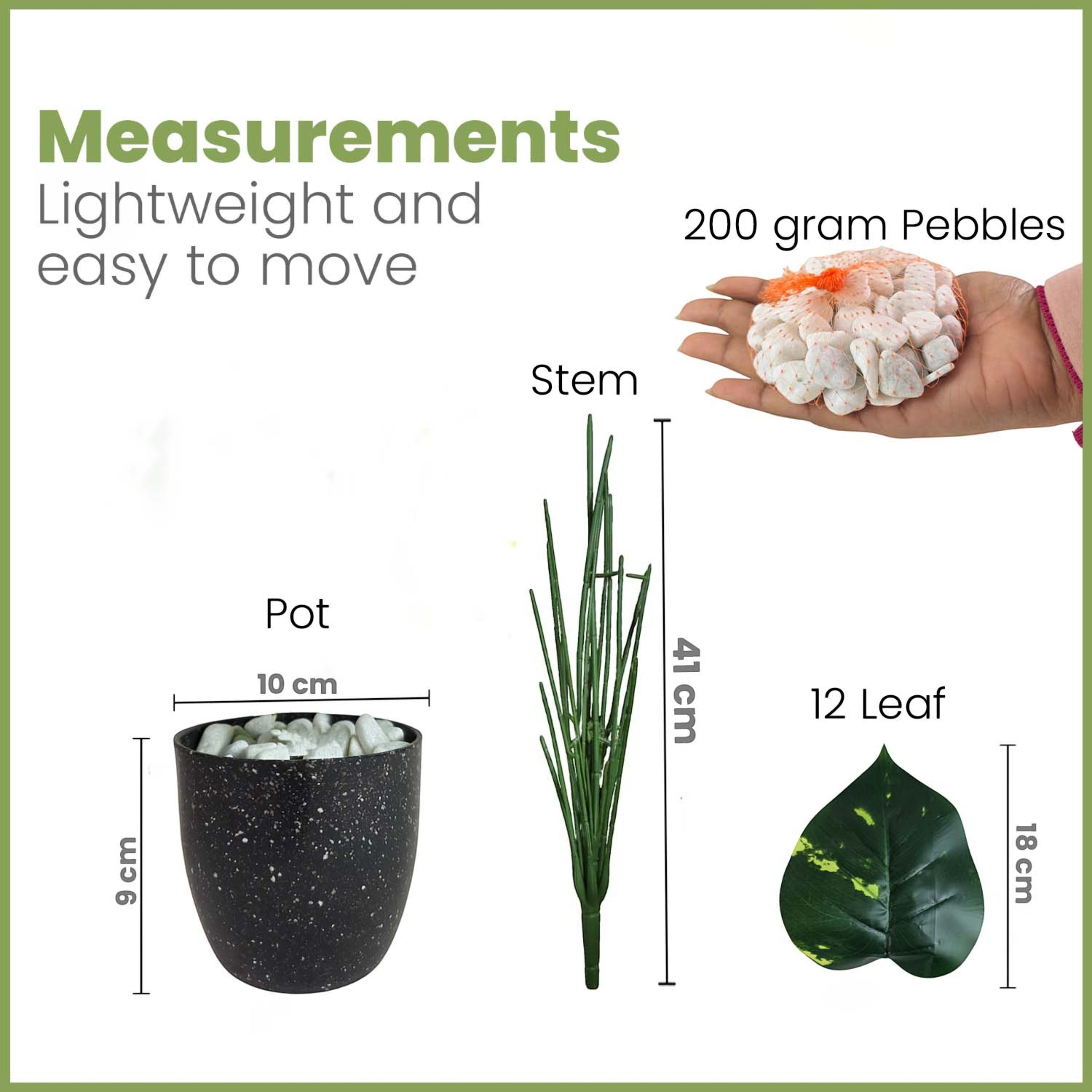 GoHooked artificial plant components including a black speckled pot, green stem, 12 leaves, and 200g decorative pebbles.