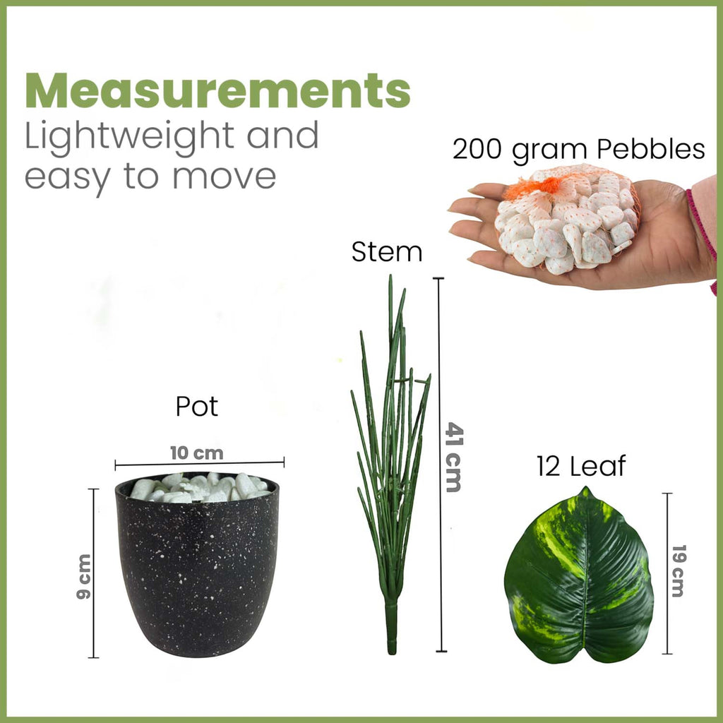 GoHooked artificial plant components including a black pot, green stem, 12 leaves, and decorative pebbles with sizes.