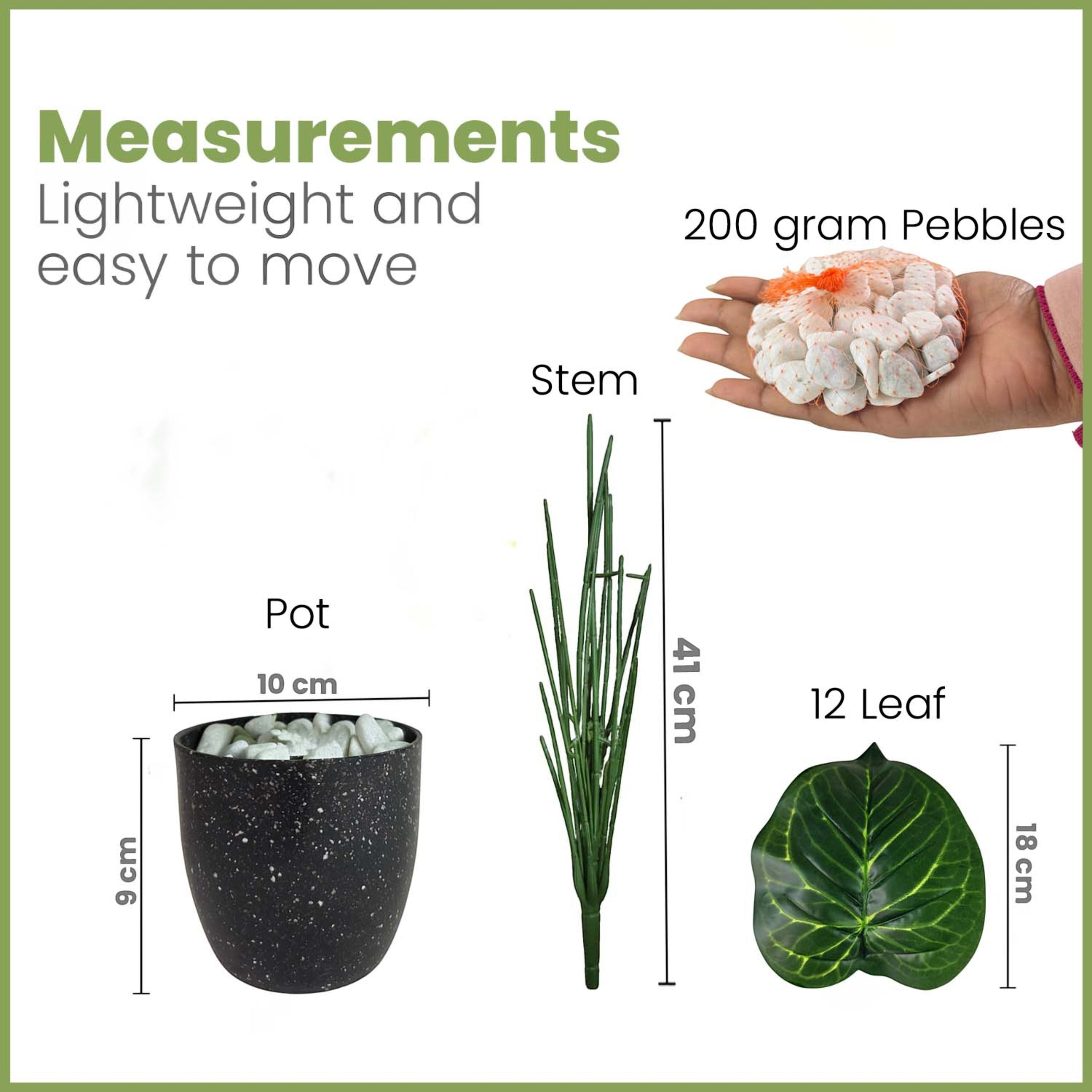 GoHooked artificial plant components including a black speckled pot, green stem, 12 leaves, and decorative pebbles.
