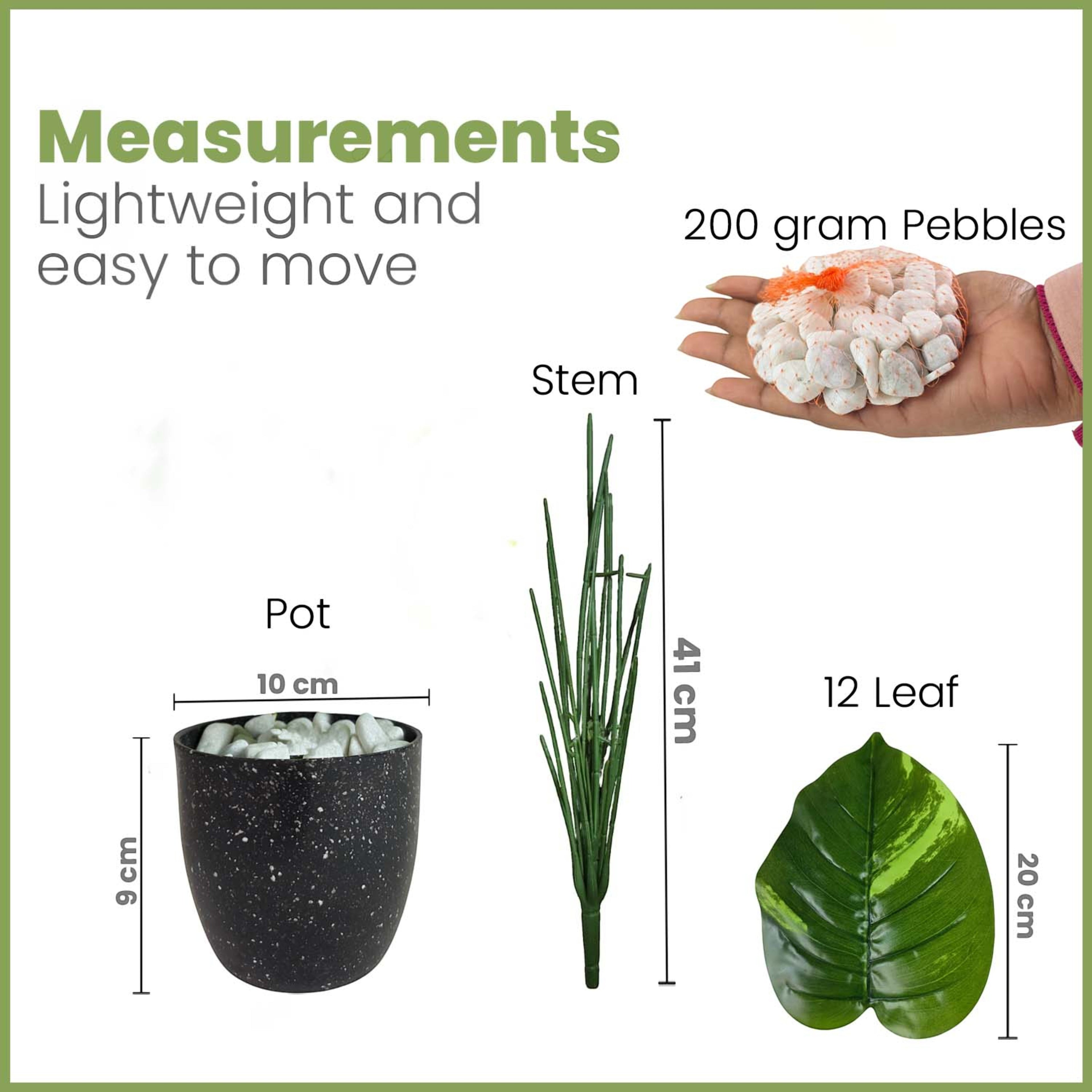 GoHooked artificial Dieffenbachia plant components including a black speckled pot, green stem, and patterned leaf.