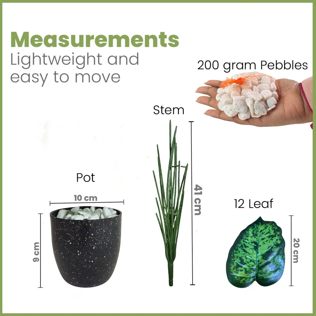 GoHooked artificial plant components including a black pot, green stem, 12 patterned leaves, and decorative pebbles.