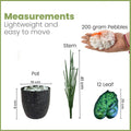 GoHooked artificial plant components including a black pot, green stem, 12 patterned leaves, and decorative pebbles.