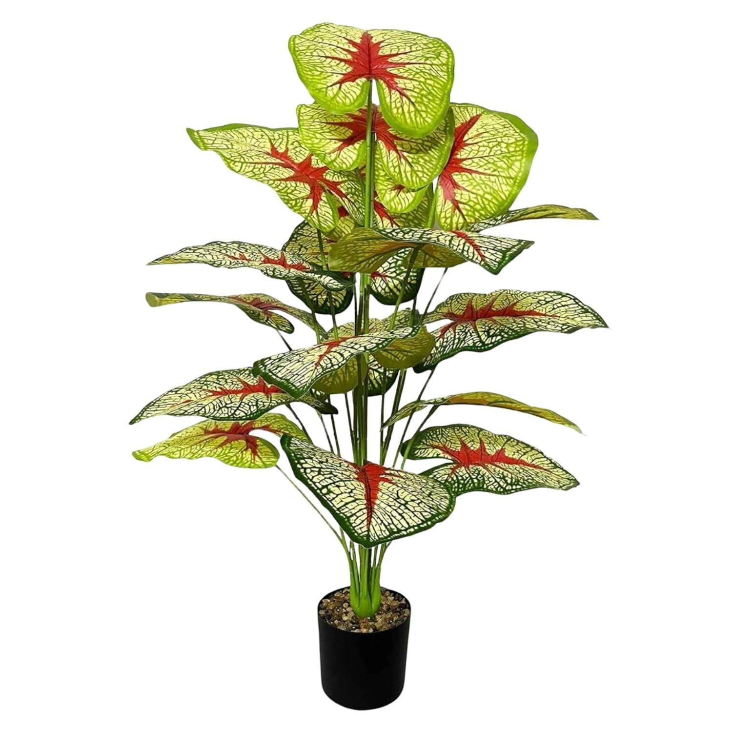 Go Hooked artificial plant with 18 large, textured green and cream leaves with red veins, in a black pot.
