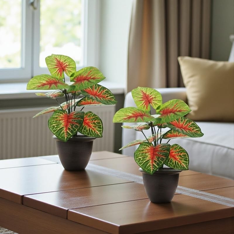 Go Hooked artificial plant with 12 green and red patterned leaves in a dark pot. Realistic polyester decor.