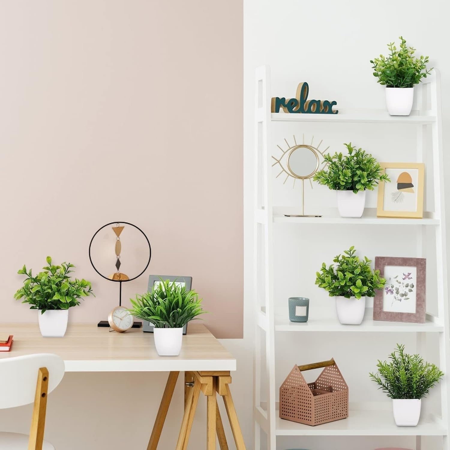 Go Hooked small artificial plants in white pots, perfect for farmhouse or bathroom decor.