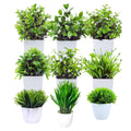 GoHooked set of 9 small artificial plants in white pots, green and white foliage, perfect for home and farmhouse decor.
