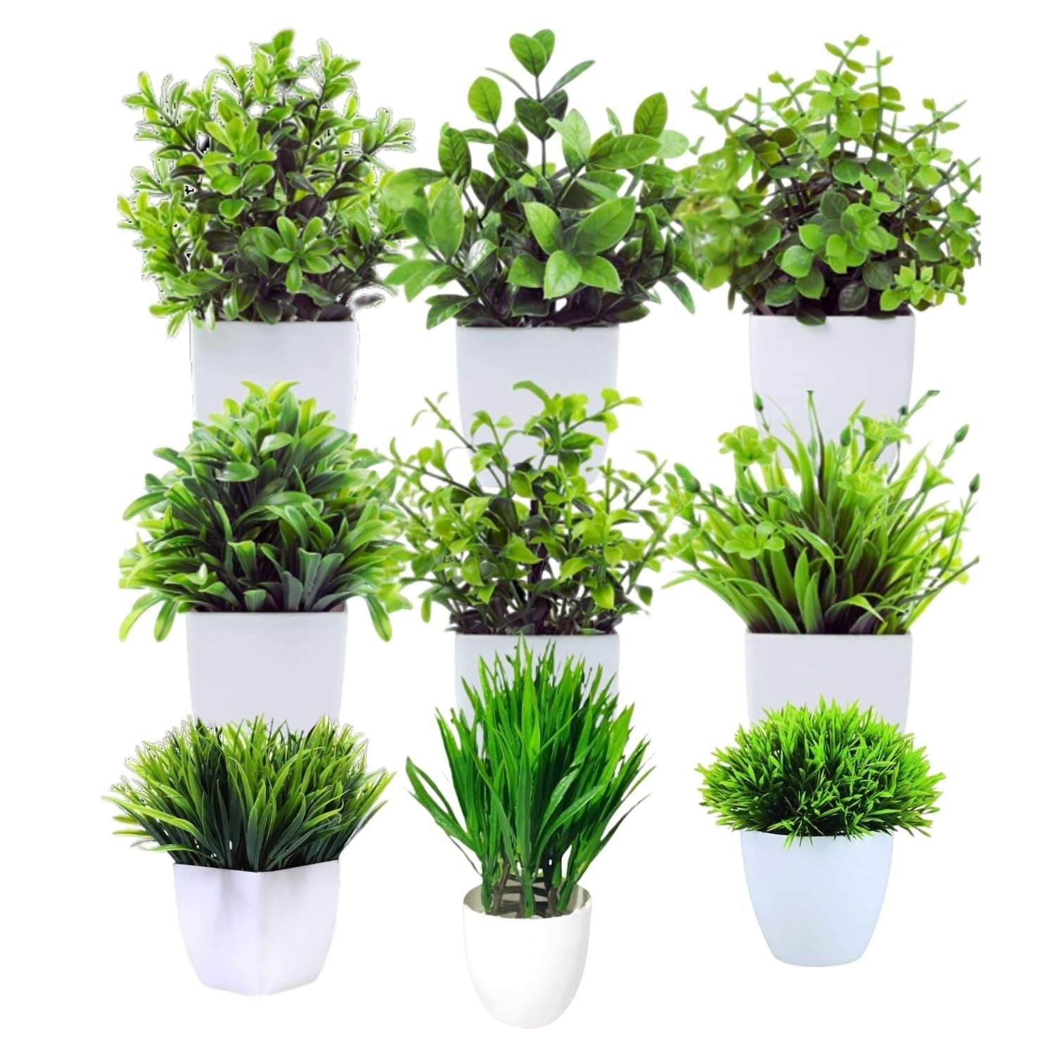GoHooked set of 9 small artificial plants in white pots, green and white foliage, perfect for home and farmhouse decor.