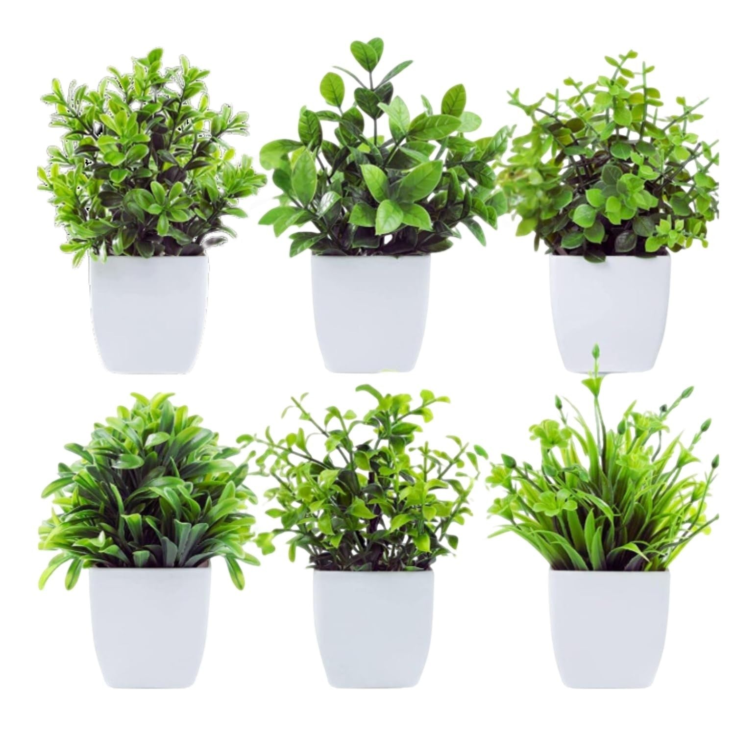 GoHooked set of 6 small artificial green plants in white pots, perfect for home or farmhouse decor.