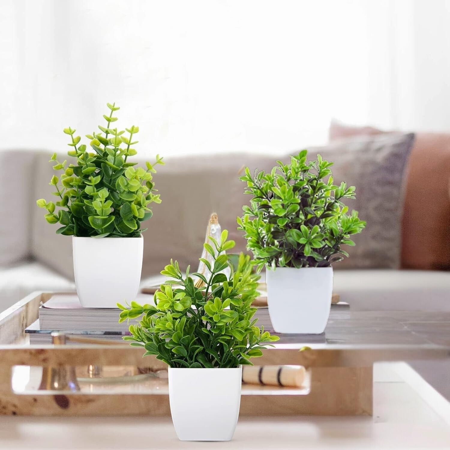 GoHooked set of 3 small artificial green plants in white square pots, perfect for home or farmhouse decor.