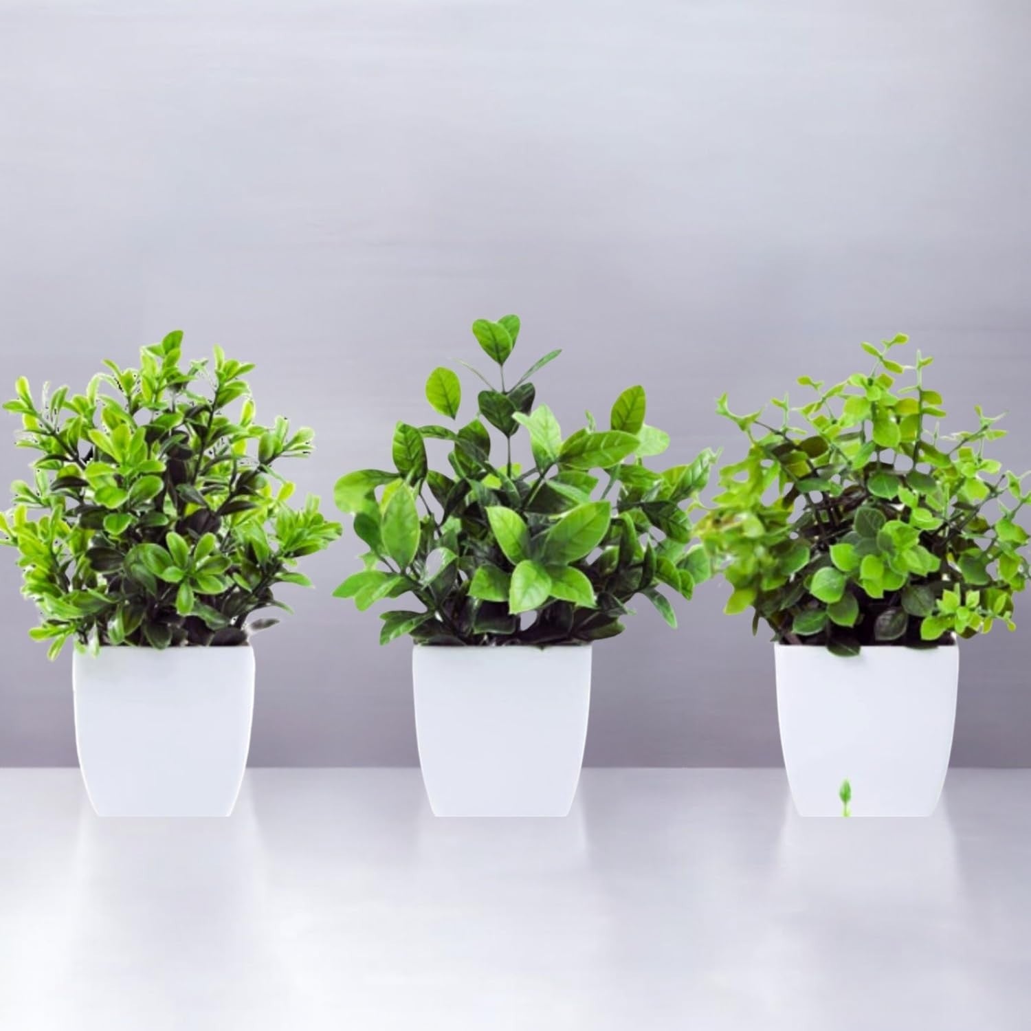 GoHooked set of 3 artificial green and white plants in white square pots, perfect for farmhouse decor.