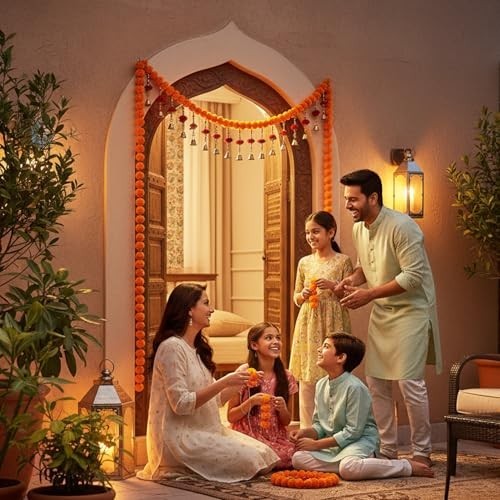 GoHooked orange and red artificial pom-pom toran with golden bells for door decoration.