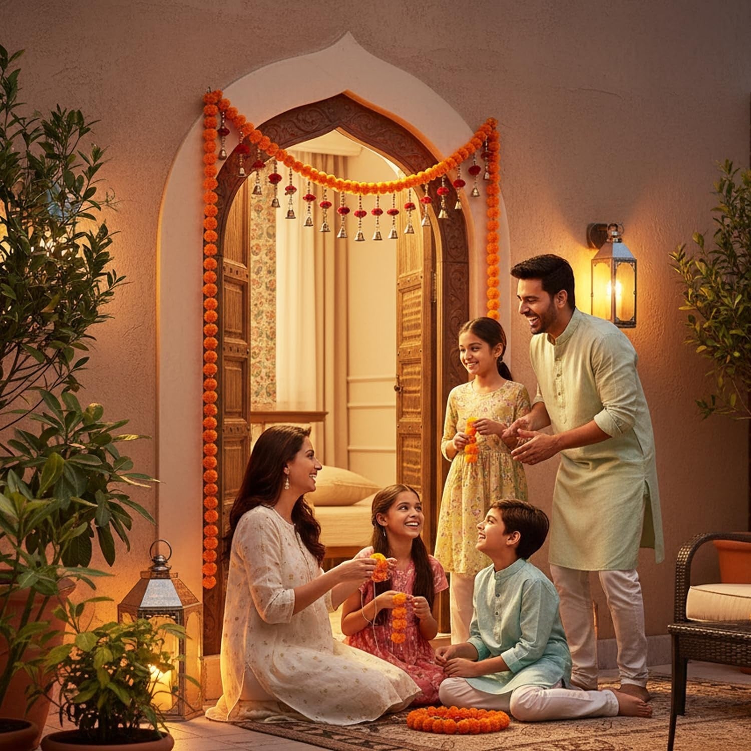 GoHooked orange and red artificial pom-pom toran with golden bells, decorating a doorway for a family celebration.