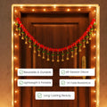 GoHooked red and green artificial pom-pom toran with golden bells, 35-inch decorative garland for doors.