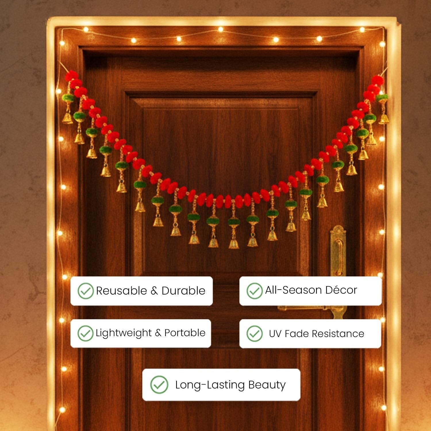 GoHooked red and green artificial pom-pom toran with golden bells, 35-inch decorative garland for doors.