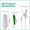 GoHooked artificial purple baby's breath flowers with a white textured vase. Includes dimensions for vase, leaf, and stem.