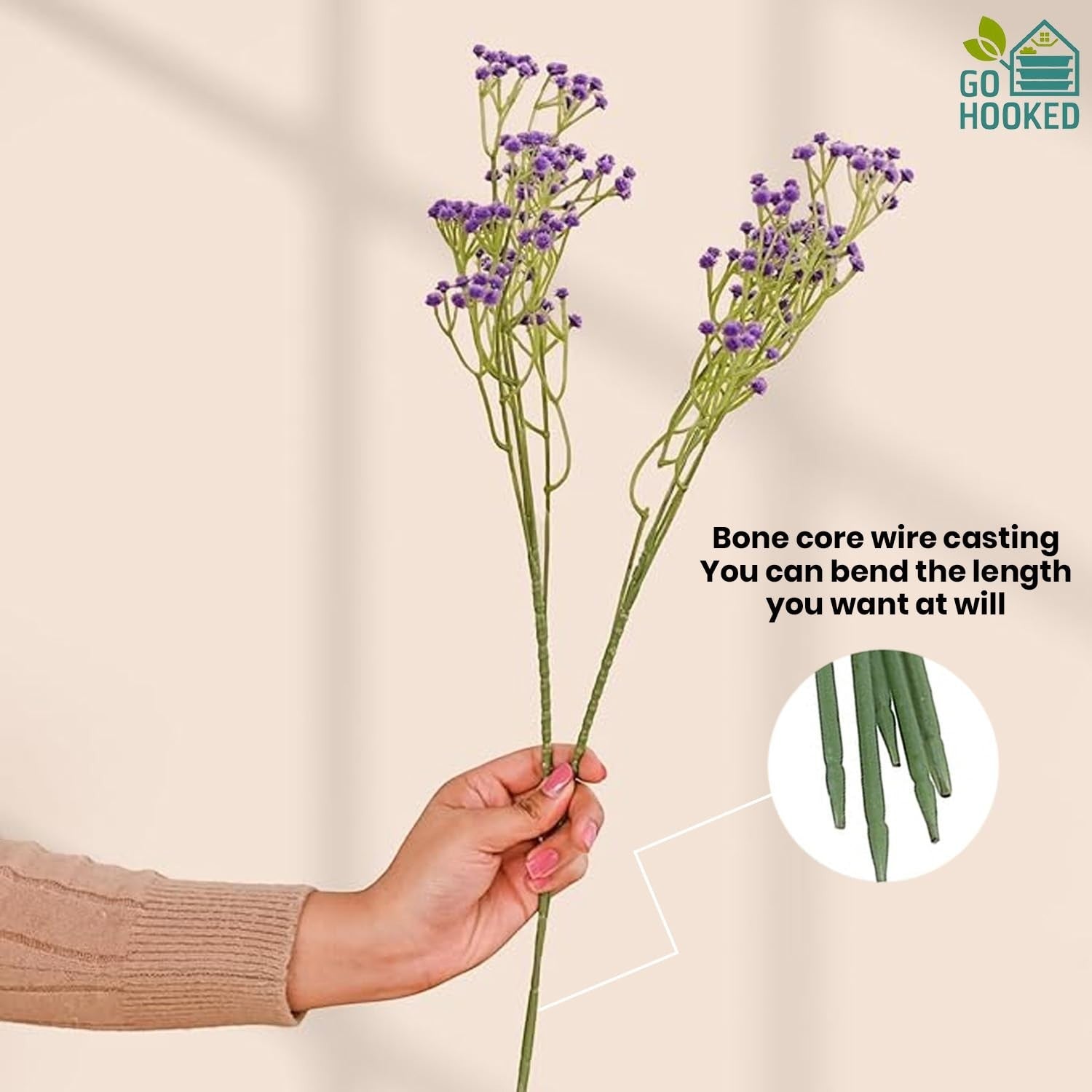 GoHooked artificial purple baby's breath flowers with flexible stems, made of soft rubber and plastic.