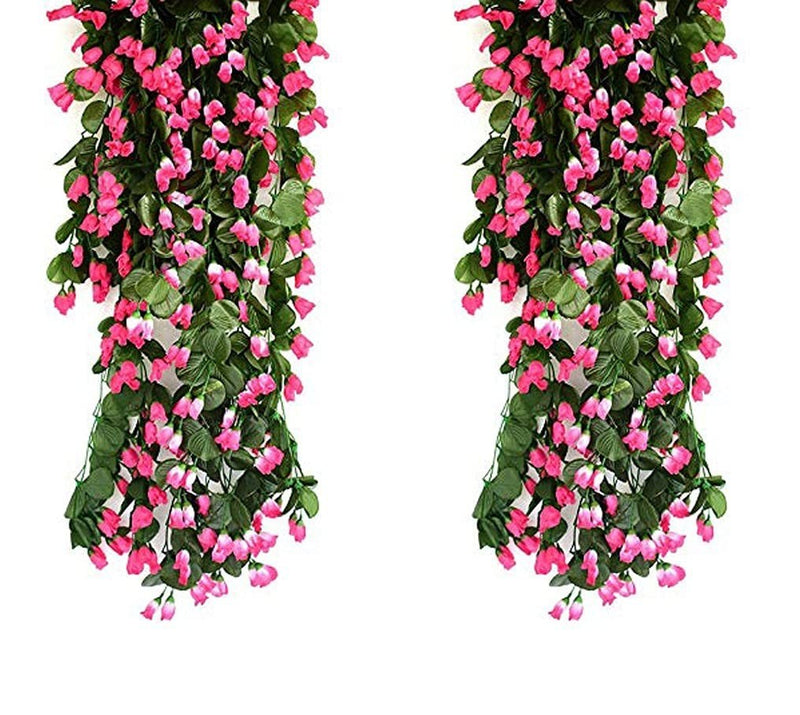 GoHooked artificial hanging rose garlands with pink flowers and green leaves, 35 inches long, pack of 2.