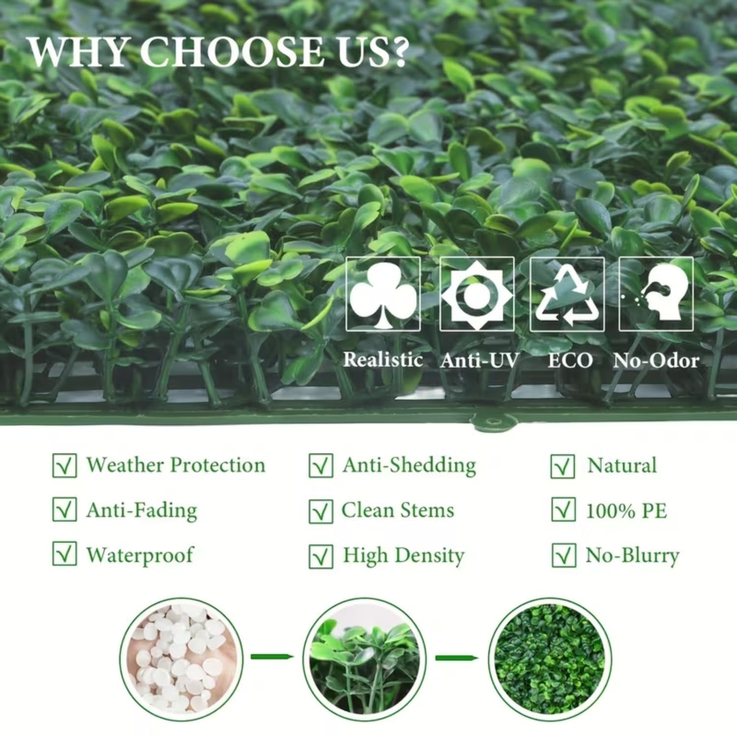 GoHooked artificial small leaves vertical wall grass tiles in green, realistic, anti-UV, eco-friendly, and no-odor.
