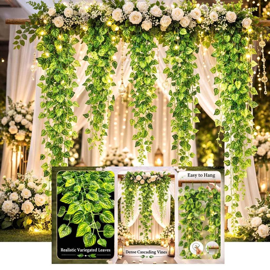 GoHooked artificial watermelon peperomia creeper garland, 7 ft long, green plastic leaves, ideal for home decor and events.