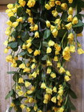 GoHooked artificial yellow rose orchid flower bunch with green leaves, made of silk and plastic, for home decor.