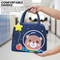 GoHooked navy blue lunch bag with astronaut bear and star print, insulated Oxford cloth, zipper closure.