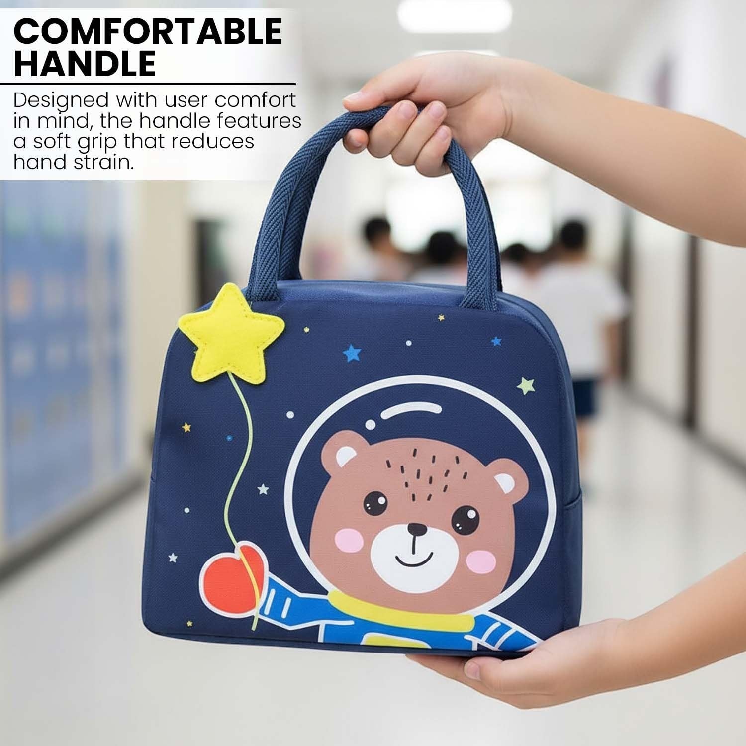 GoHooked navy blue lunch bag with astronaut bear and star print, insulated Oxford cloth, zipper closure.