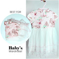 GoHooked pink and white dress for baby girls with a traditional Asian print and layered tulle skirt. Features short sleeves and a mandarin collar.
