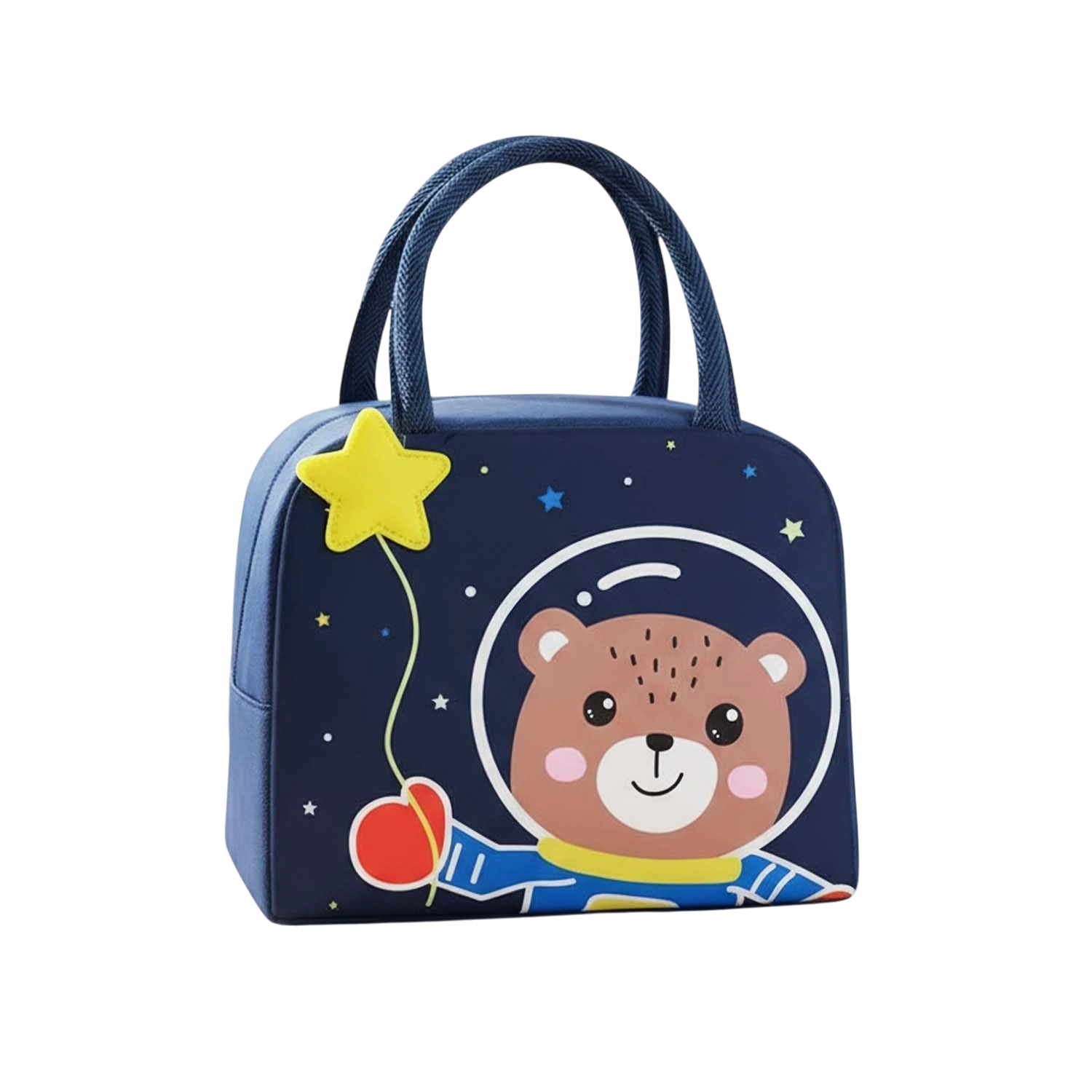 GoHooked insulated lunch bag with a cute bear astronaut design, yellow star balloon, blue and white space theme. Oxford cloth.