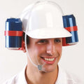 GoHooked beer drinking hat with two blue soda cans and a straw for hands-free beverage consumption at parties