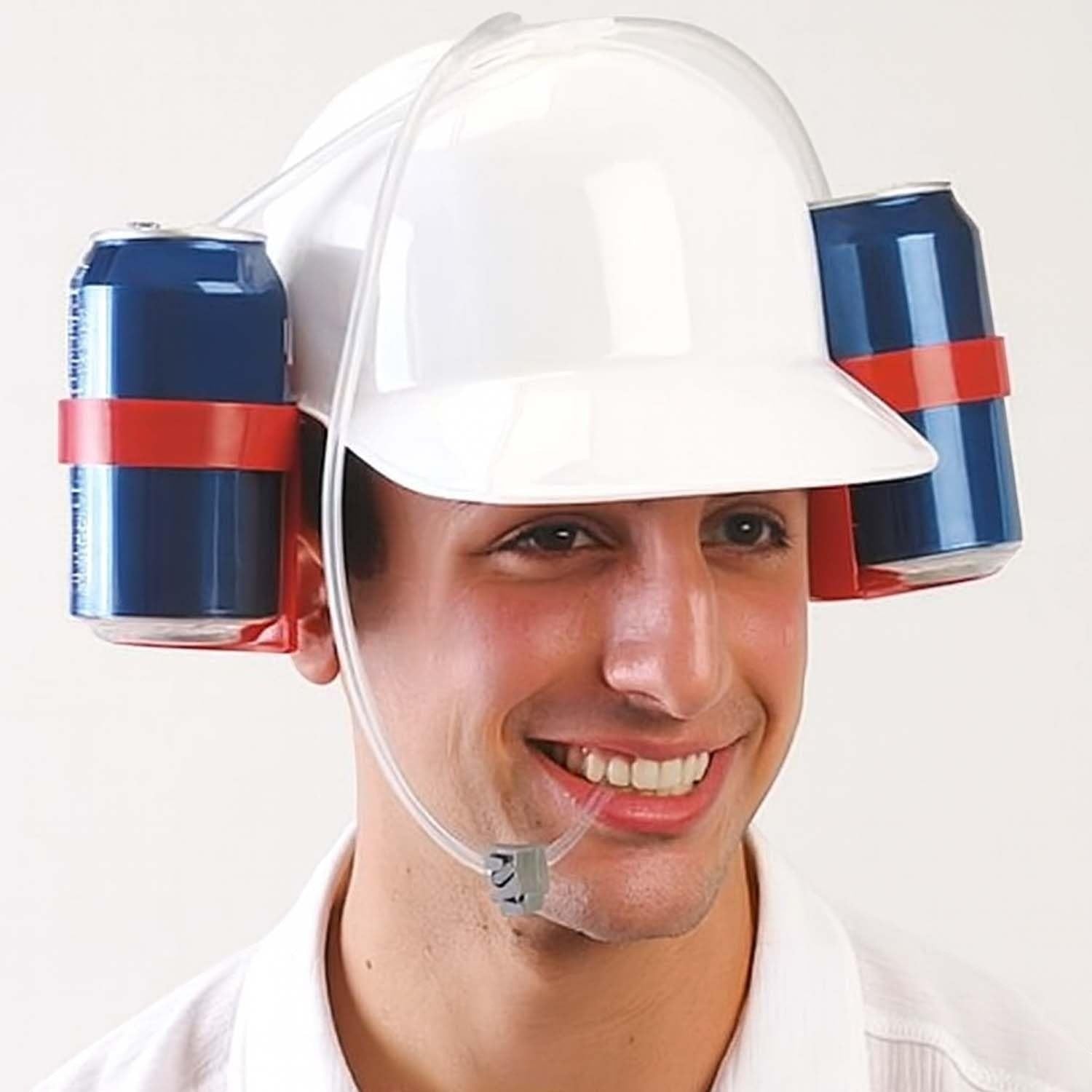 GoHooked beer drinking hat with two blue soda cans and a straw for hands-free beverage consumption at parties